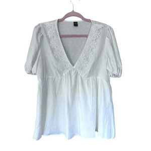 Shein White Summer Blouse w/ Lace Trim Swiss Dot Peplum Top Size. L